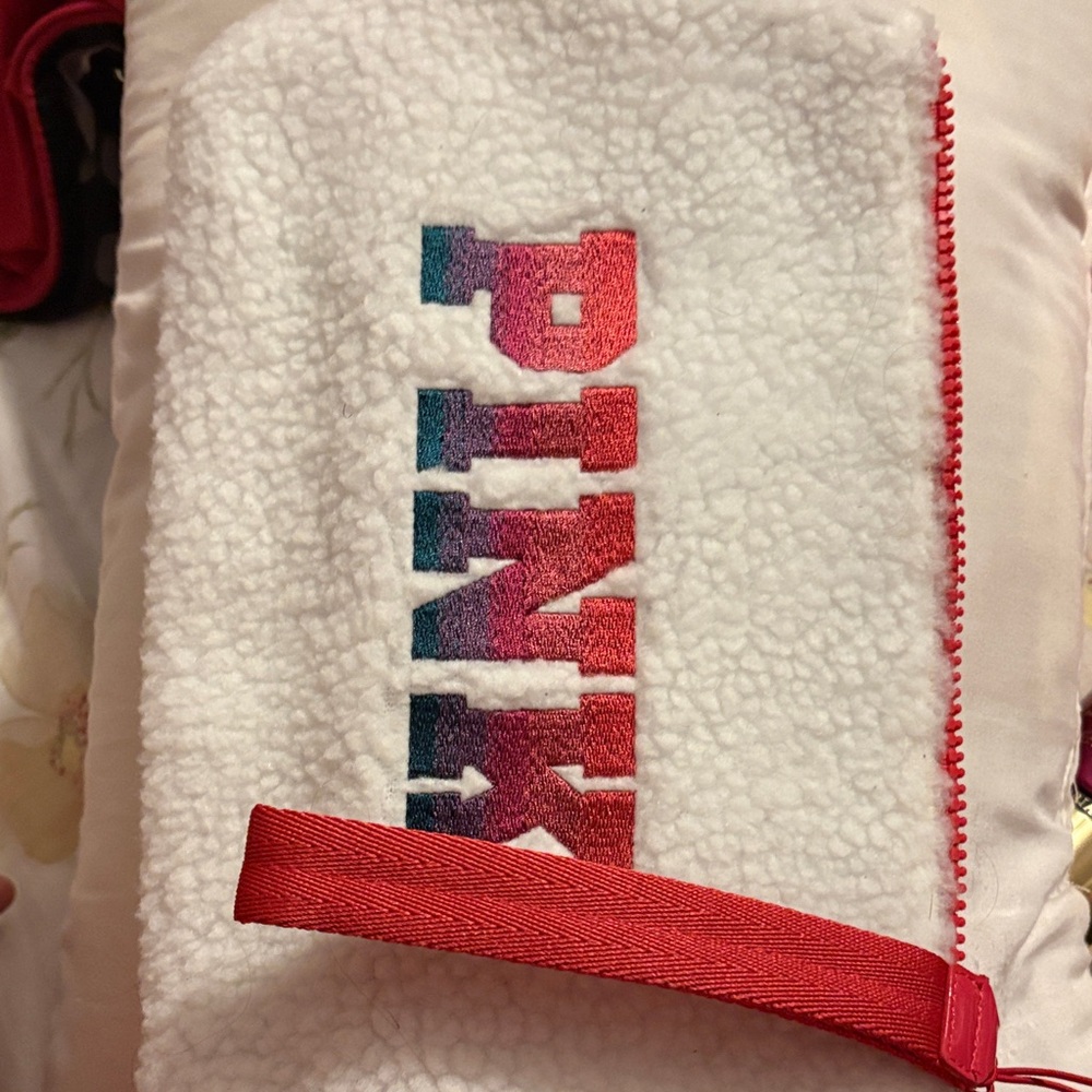 PINK Victoria's Secret White and Red Fleece Pouch
